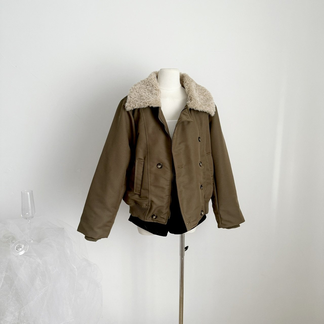 NEW EMPIRE2025秋冬新款大翻领时尚双排扣夹克上衣棕绿棉服外套女