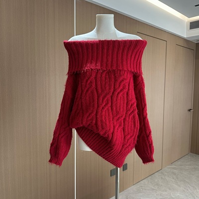 不冷BULENG多穿法翻领一字肩宽松包臀毛衣女新春中长款高领针织衫