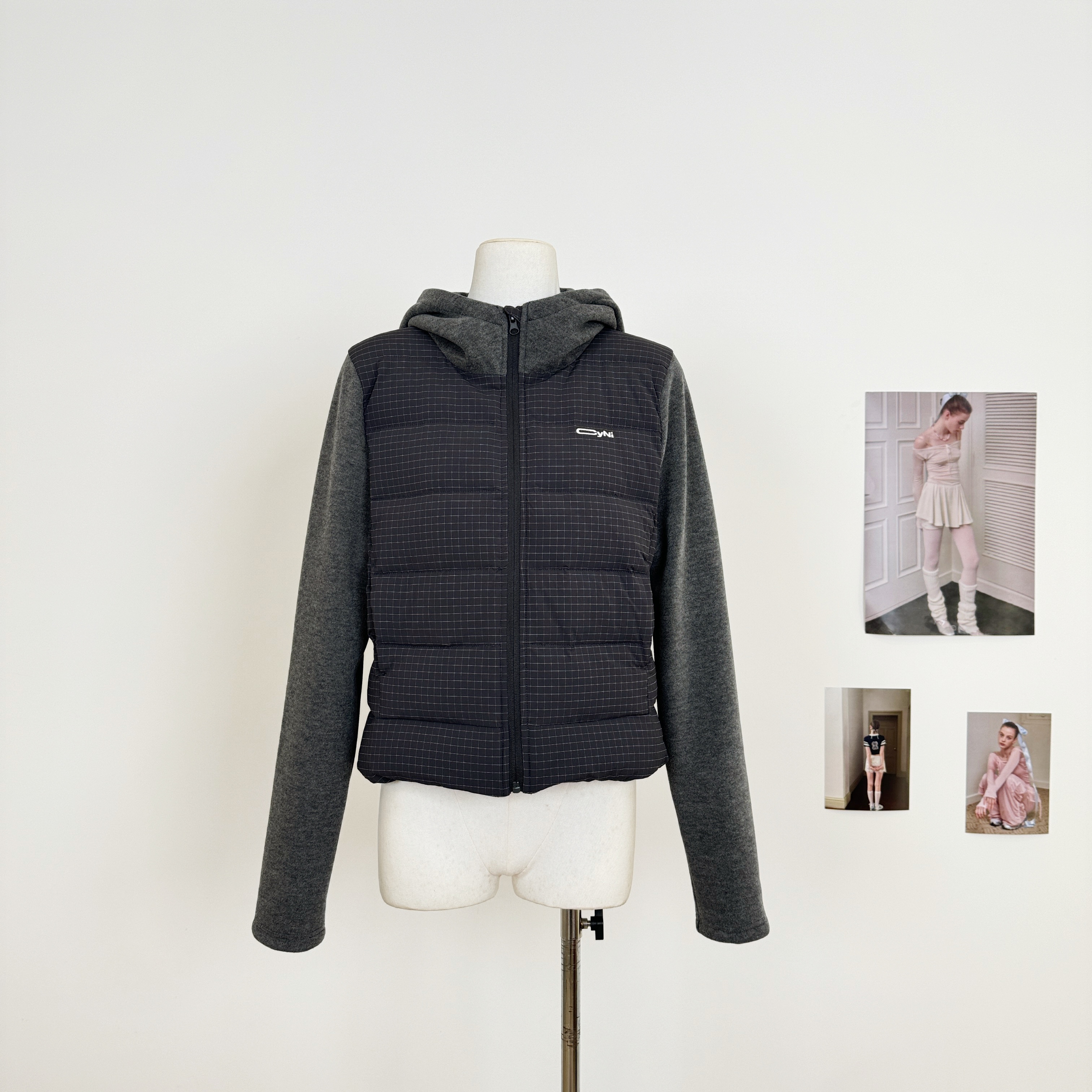 薄暖新序格纹拼接假两件连帽上衣次显瘦排骨羽绒服外套