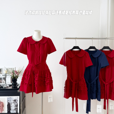 杨小卷 法式减龄娃娃裙红色短款娃娃领连衣裙宽松木耳边蛋糕裙夏