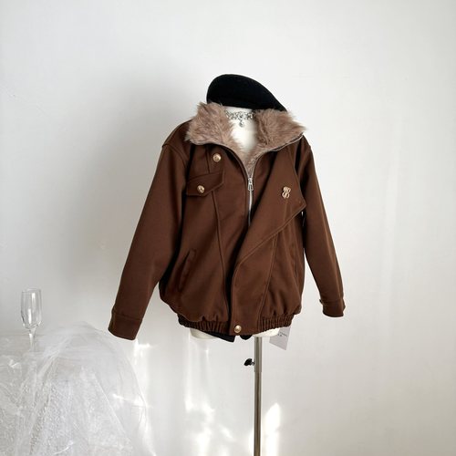 QDQD 复古美拉德翻毛领咖色毛呢外套夹羽绒加厚保暖高级感夹克冬