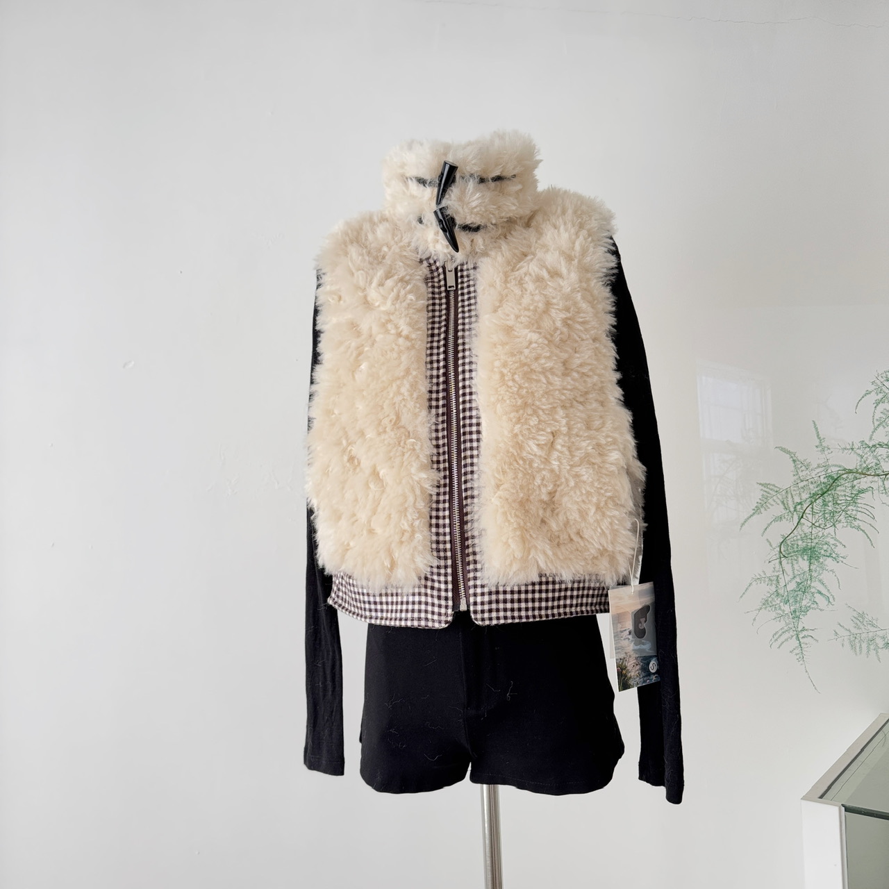 Wuu2sweet吴太甜 毛茸茸双面背心外套女冬季防风保暖拼接格纹马甲