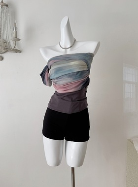 someone 原创艺术晕染网纱小众拼接一字肩T恤女上衣
