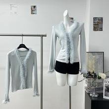 unoone 矜贵密码 真狐狸毛门襟V领长袖开衫女内搭上衣