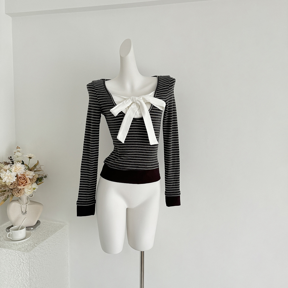 sheepland蝴蝶结拼接假两件天丝长袖t恤女秋冬修身显瘦打底衫上衣