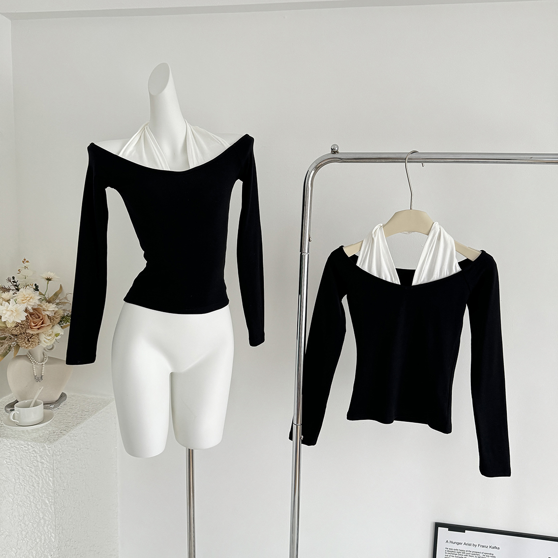 sheepland白茶黑巧 假两件一字肩长袖t恤女秋冬修身显瘦打底上衣