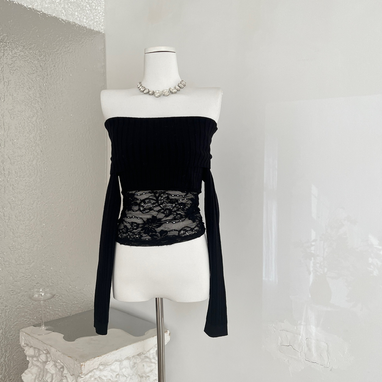 Chill巧儿半雾弥香蕾丝拼接性感纯欲修身一字肩针织衫上衣女