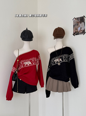 EMPTY PAGE 黑色露肩宽松复古费尔岛雪花羊毛混纺毛衣