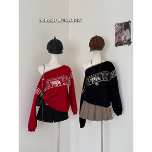 EMPTY 黑色露肩宽松复古费尔岛雪花羊毛混纺毛衣 PAGE