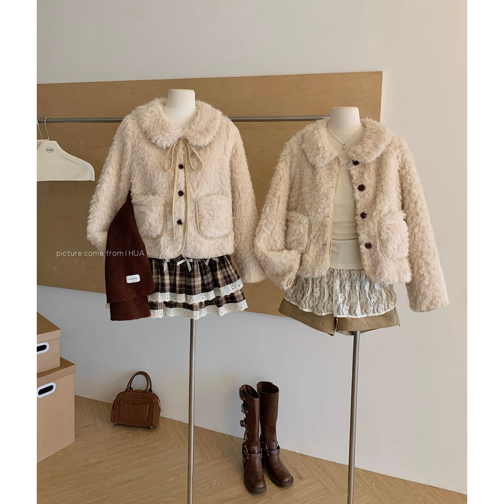 PtonUmi 雪顶摩卡 皮毛一体绑带短外套女秋冬巨好看羊羔绒棉衣服