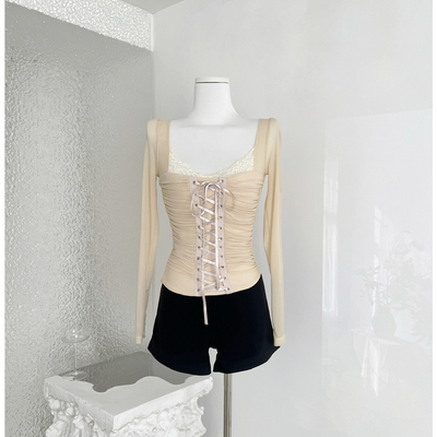 kubiliv娇嗲美人交叉绑带性感网纱T恤女修身收腰纯欲蕾丝上衣