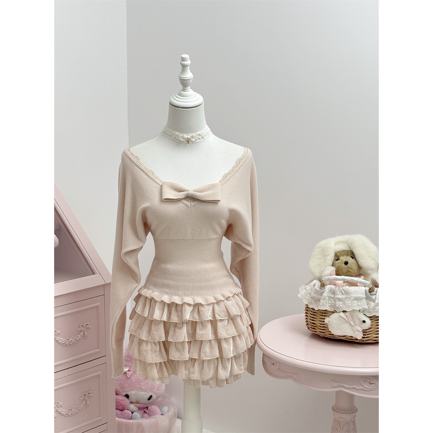 CreamySweet 桃系私藏 100羊毛甜美蝴蝶结毛衣收腰粉色针织衫上衣