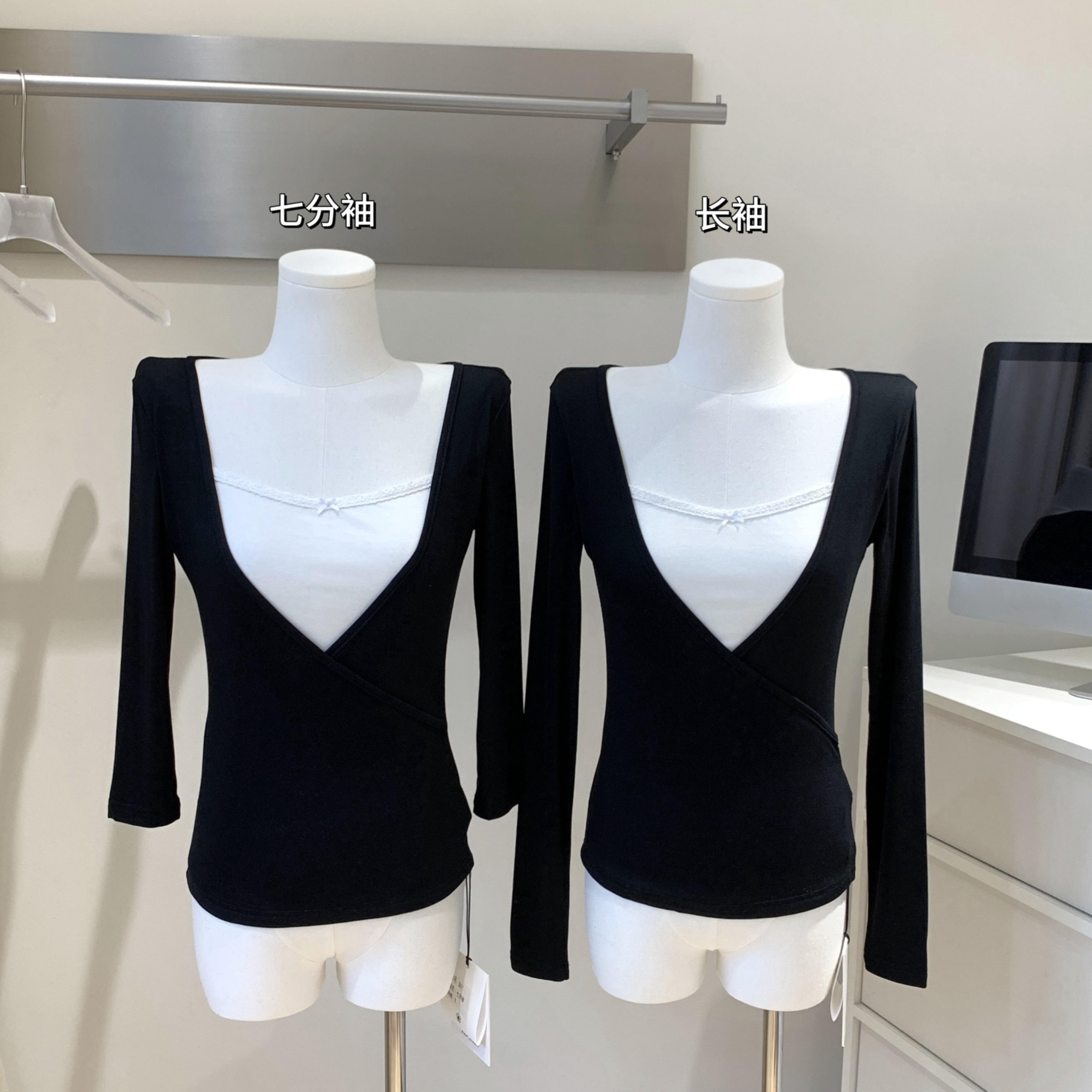 sheepland首尔初秋 黑色V领假两件天丝t恤女早秋显瘦内搭打底上衣