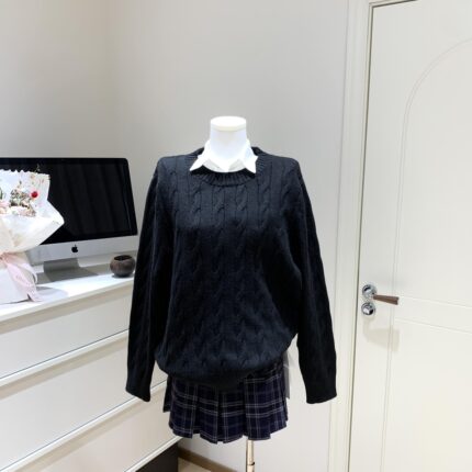 cookadaily人鱼 麻花套头毛衣修身压褶长袖衬衫上衣宽松设计感