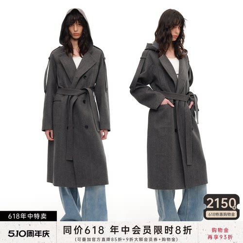 JCAESAR WOMEN 连帽双排扣人字纹风衣 系带设计 H型中长款外套