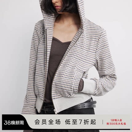 JCAESAR WOMEN 小花连帽卫衣 像素提花面料 修身 微露腰线 双色