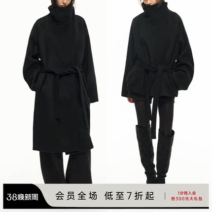 JCAESAR WOMEN 斜拉链系带中长款呢大衣 高克重澳毛 宽松羊毛外套