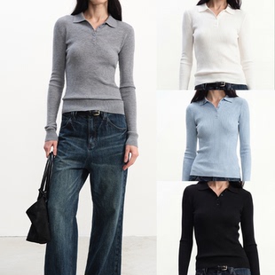 桑蚕丝羊毛混纺 POLO领坑条针织打底衫 内搭外穿 WOMEN JCAESAR