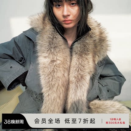 JCAESAR WOMEN 可拆卸毛领收腰派克棉服 多种穿法 工装皮草外套冬