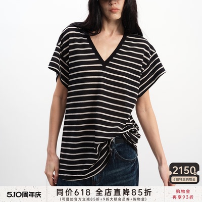 JCAESAR WOMEN 宽松条纹v领短袖t恤 经典条纹 舒适透气 慵懒松弛