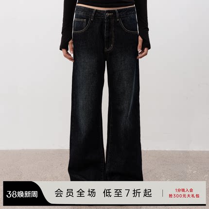 JCAESAR WOMEN 复古水洗黑直筒牛仔裤 低腰低档设计 定制压印皮牌