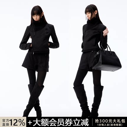 JCAESAR WOMEN 螺纹交叉领修身斜拉链羽绒服 90白鸭绒 短款黑色