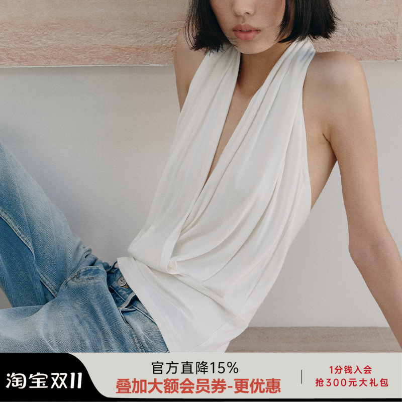 JCAESAR HALTER-NECK VEST 深V挂脖背心 自然垂坠 交叉褶皱上衣