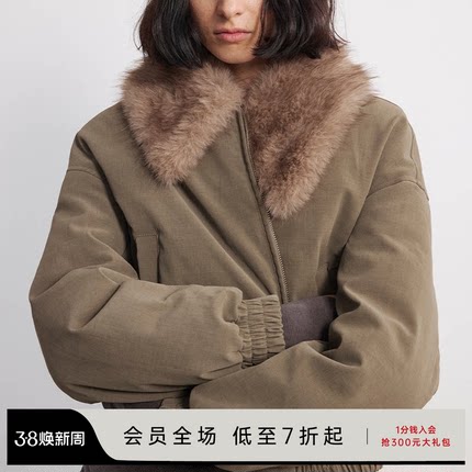 JCAESAR WOMEN 皮草毛领做旧羽绒服外套 90白鸭绒 宽版羽绒短夹克