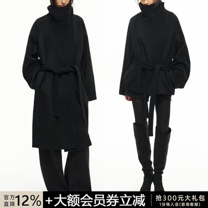 JCAESAR WOMEN 斜拉链系带中长款呢大衣 高克重澳毛 宽松羊毛外套