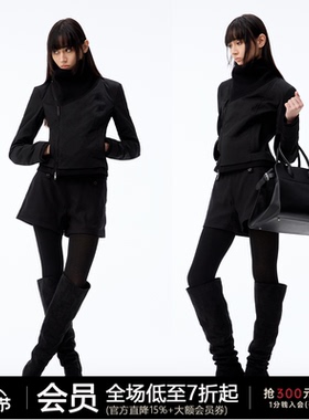 JCAESAR WOMEN 螺纹交叉领修身斜拉链羽绒服 90白鸭绒 短款黑色