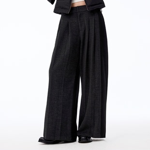 垂感阔腿裤 JCAESAR 磨毛质感 黑灰拼接打褶直筒休闲裤 WOMEN