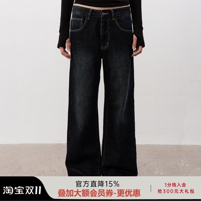 JCAESAR WOMEN 复古水洗黑直筒牛仔裤 低腰低档设计 定制压印皮牌