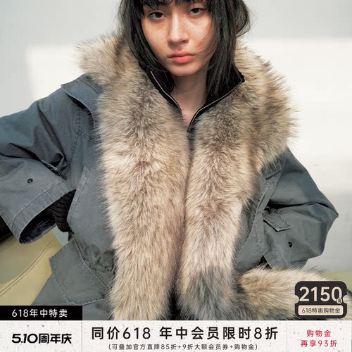 JCAESAR WOMEN 可拆卸毛领收腰派克棉服 多种穿法 工装皮草外套冬