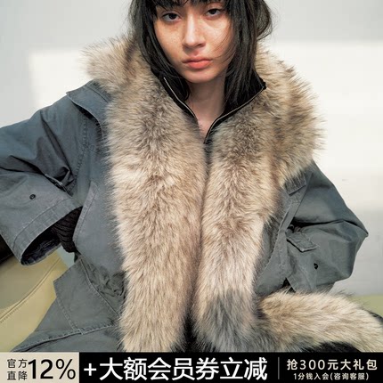 JCAESAR WOMEN 可拆卸毛领收腰派克棉服 多种穿法 工装皮草外套冬