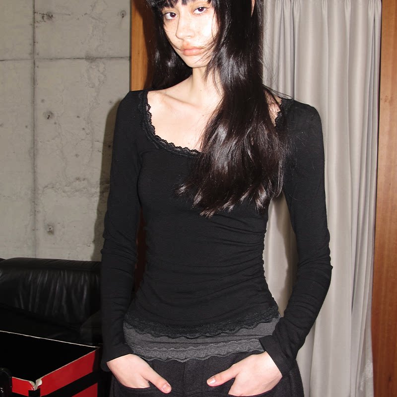 JCAESAR WOMEN 打褶蕾丝拼接打底衫 美利奴羊毛混纺 大u领修身T恤