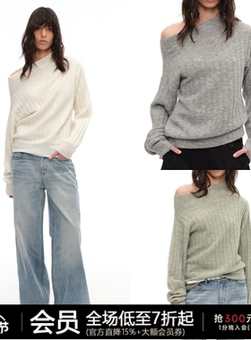 JCAESAR WOMEN 坑条套头斜肩毛衣 美利奴羊毛混纺 一字肩针织衫