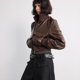 宽版 皮衣外套 型口袋抽褶皮夹克 WOMEN油蜡皮光泽质感短款 JCAESAR