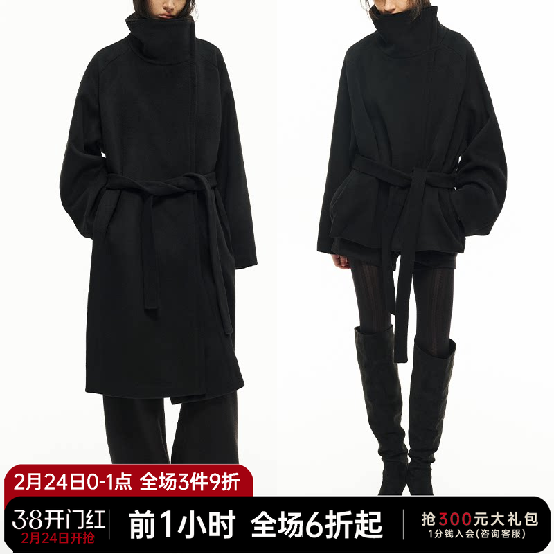 JCAESAR WOMEN 斜拉链系带中长款呢大衣 高克重澳毛 宽松羊毛外套 - JCAESAR WOMEN