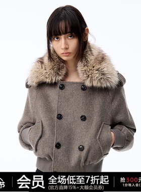 JCAESAR WOMEN 可拆卸毛领双排扣短款呢大衣 奥地利羊毛混纺外套