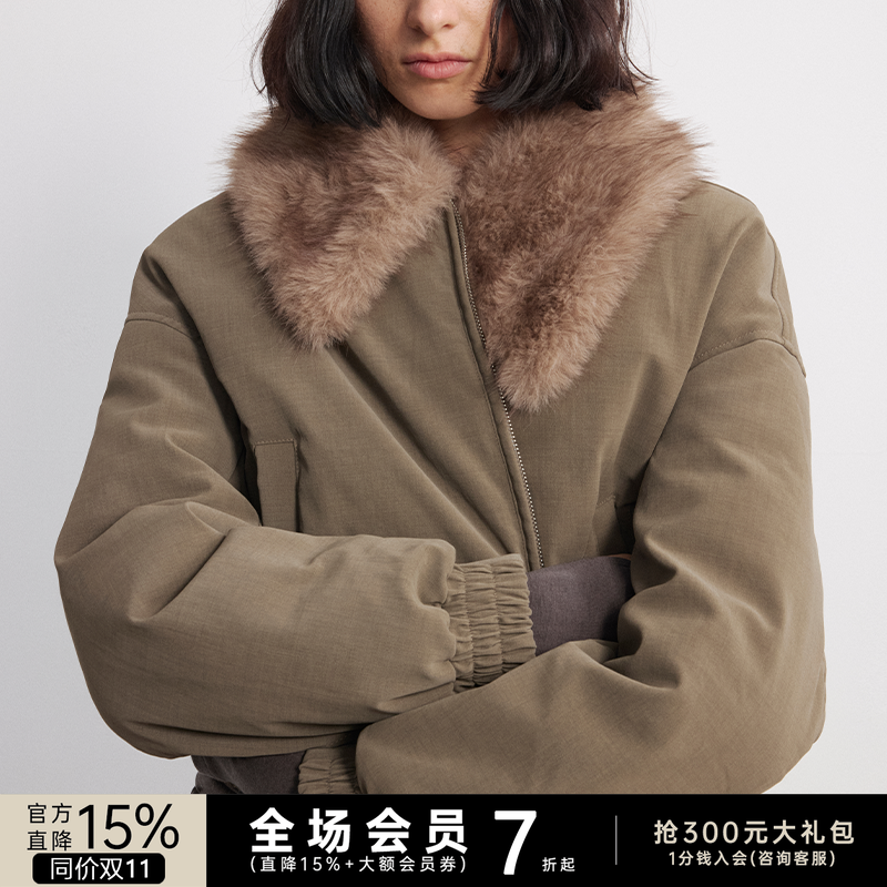 JCAESAR WOMEN 皮草毛领做旧羽绒服外套 90白鸭绒 宽版羽绒短夹克