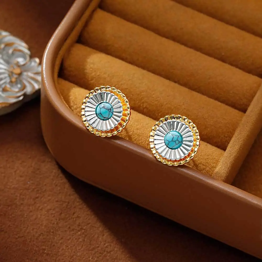 独特拼色设计双层花朵耳钉时尚轻奢高级感人造绿松耳环巨好看耳饰