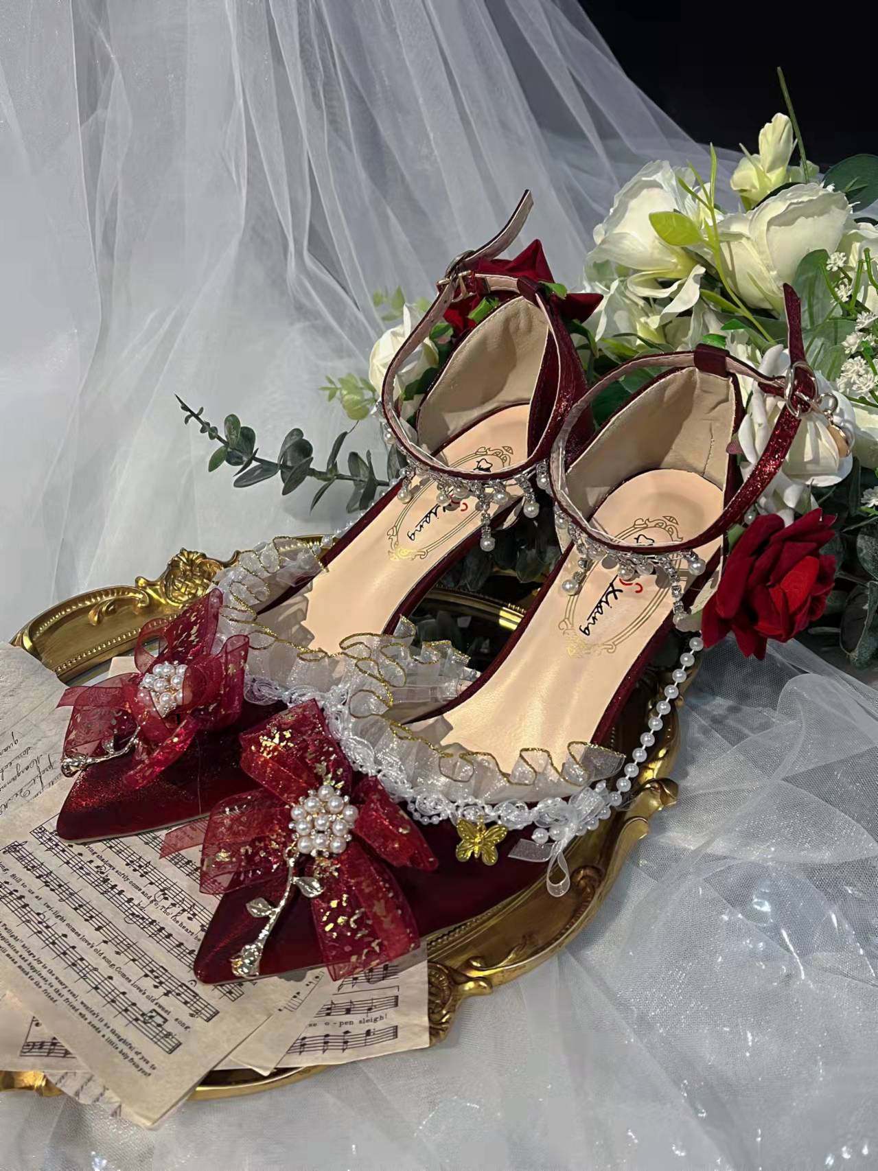 酒红色高跟鞋凉鞋Lolita花嫁婚鞋