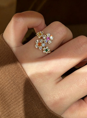 s925纯银彩色超闪花朵戒指女开口可调节小众轻奢百搭新品手饰