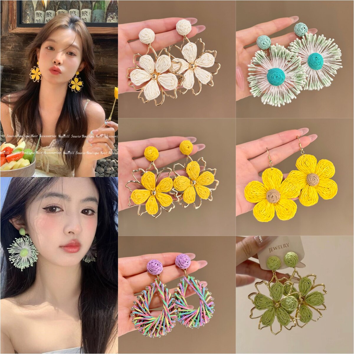 夏日海滨 海边度假风编织花朵大耳环