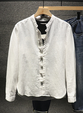 Hi man国潮白色亚麻衬衫男长袖中国风立领很仙的上衣苎麻盘扣衬衣