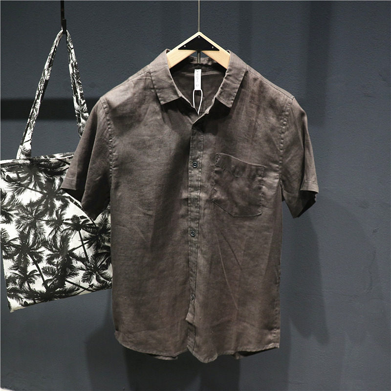 男式亚麻短袖衬衫五分袖寸衫半袖深灰色棉麻开衫t恤痞帅男人衬衣