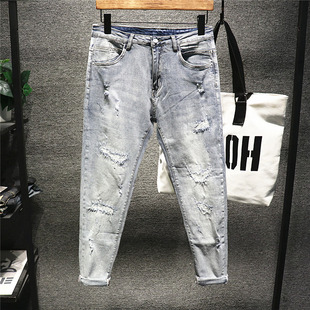 Hi man欧美特色补丁刮痕做旧浅色牛仔裤男士百搭修身潮流水洗长裤
