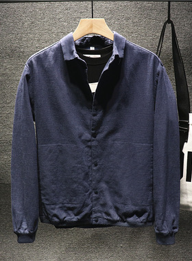 Hi man复古雅痞慵懒风亚麻翻领衬衣外套男休闲苎麻夹克棉麻布上衣