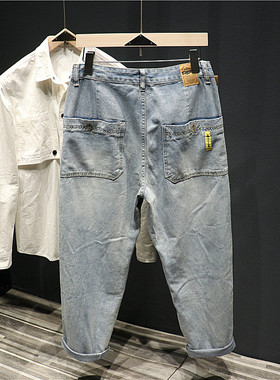 Hi man敲百搭浅蓝色宽松直筒纯棉牛仔裤男士日常休闲阔腿长裤潮牌