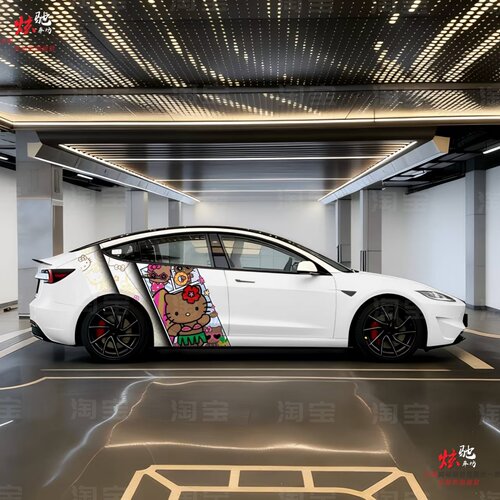 特斯拉Model Y 3黑皮凯蒂猫车贴拉花SU7雅阁3系蔚来ET5TKT猫贴纸